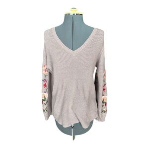 American Eagle Outfitters Purple V-Neck Sweater with Floral Embroidery